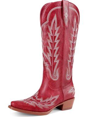 Women's Red Knee High Cowgirl Boots Wide Calf Retro Chunky Heel Pointed Toe